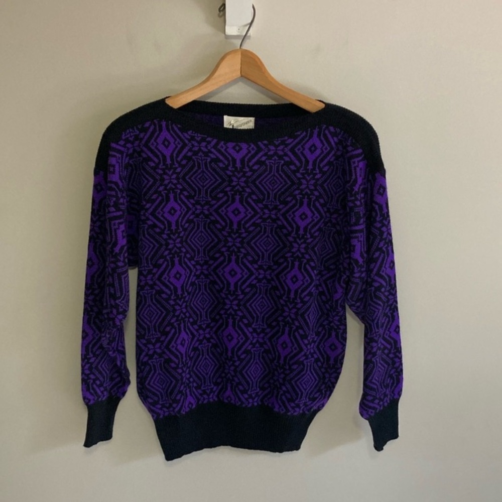 Vintage Transfomer Purple and Black Patterned Sweater, Size Medium, acrylic - Picture 3 of 8